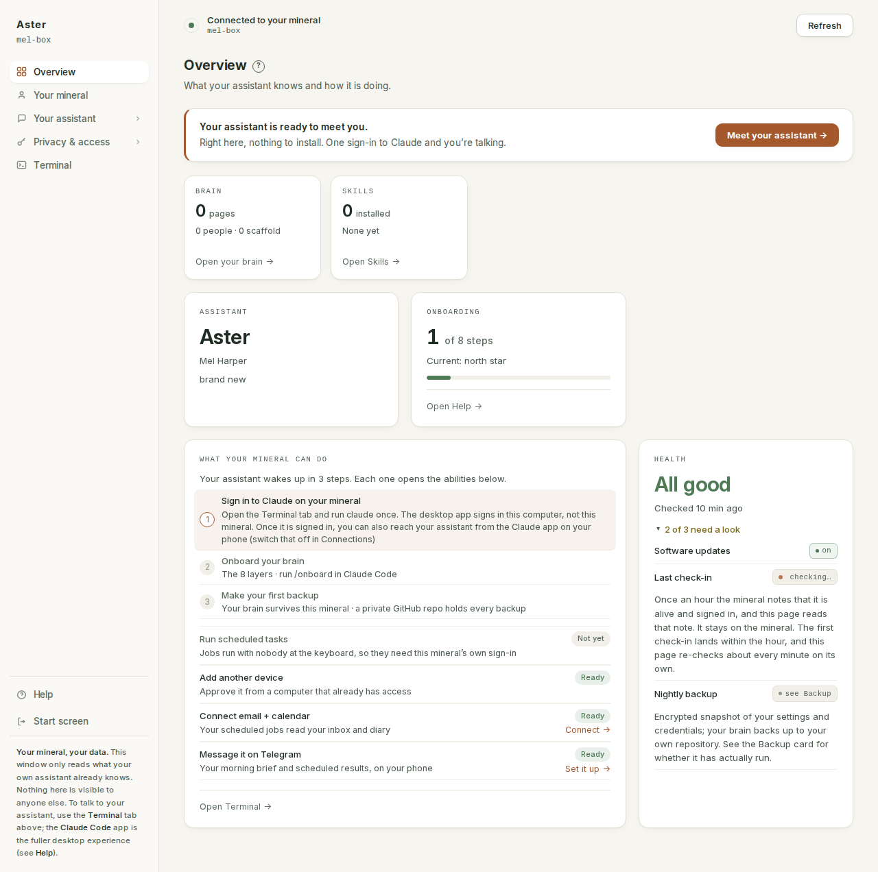 Overview on a new mineral: no pages and no skills of your own yet, and the next steps listed