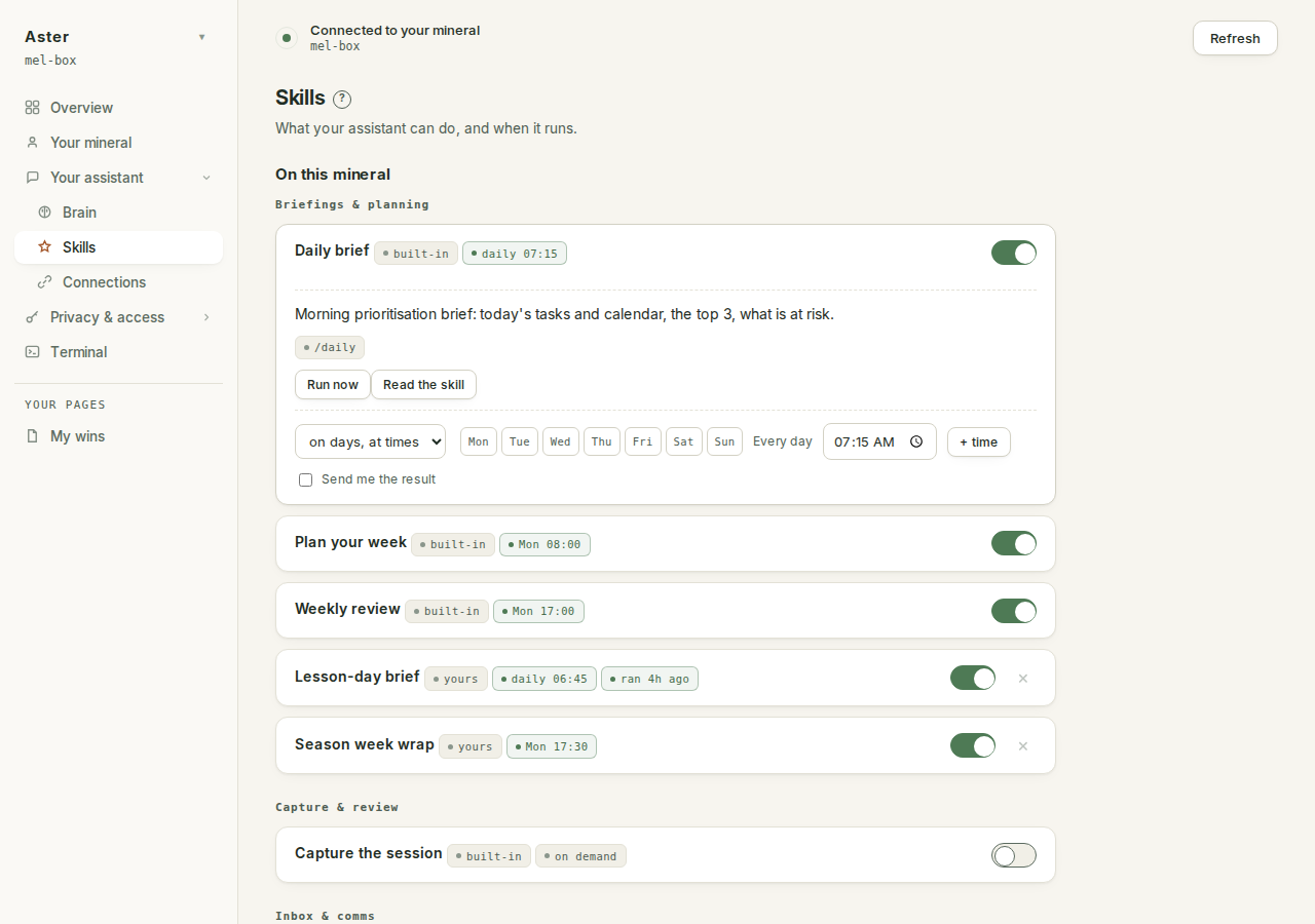 A skill row opened: Run now, Read the skill, and its schedule