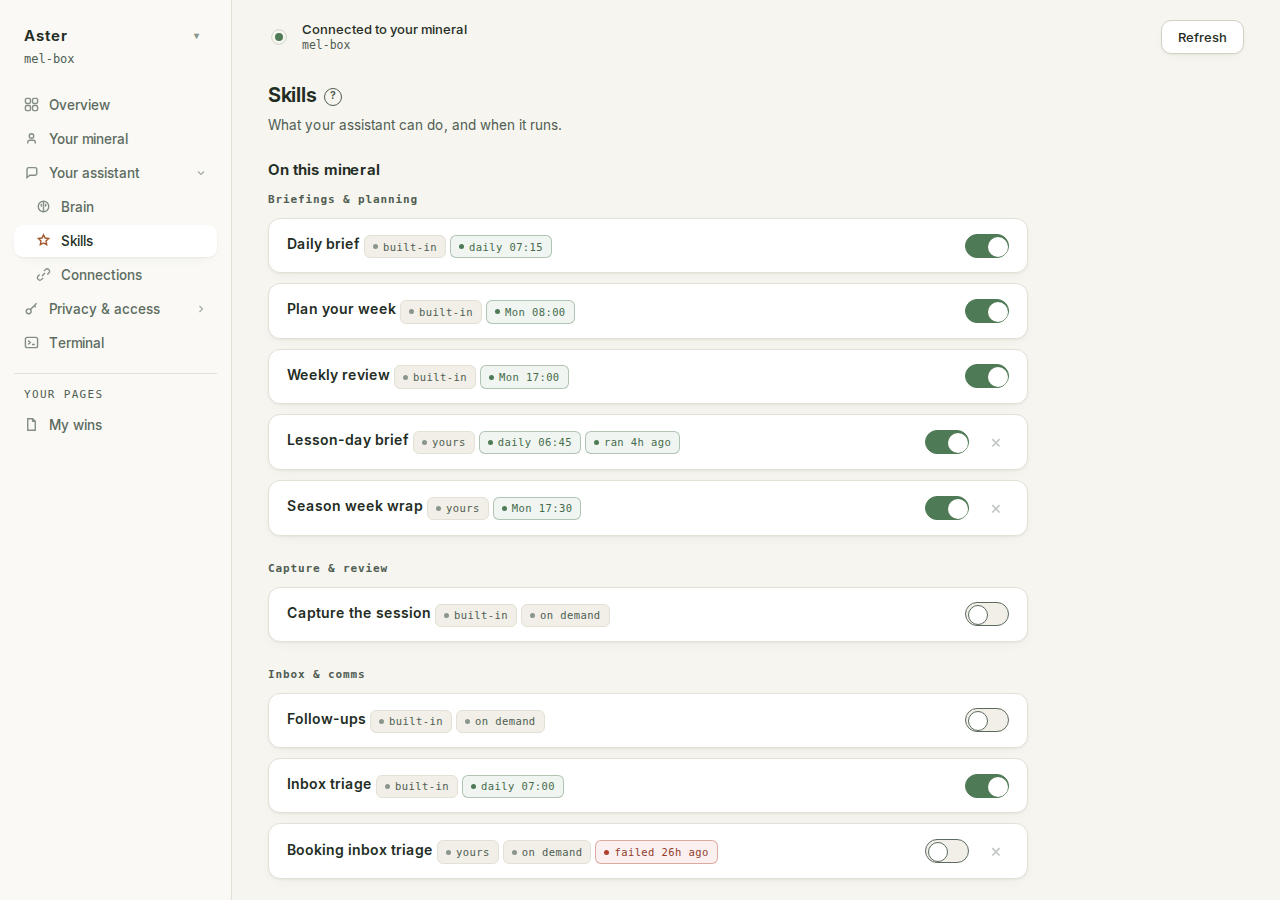 The Skills page: built-in skills and two of your own, each with its schedule and a switch